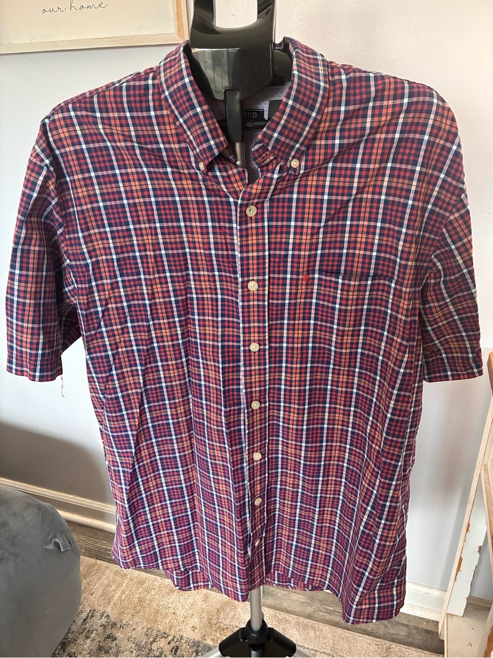 Izod Red and Navy Plaid Short Sleeve Button-Down Shirt